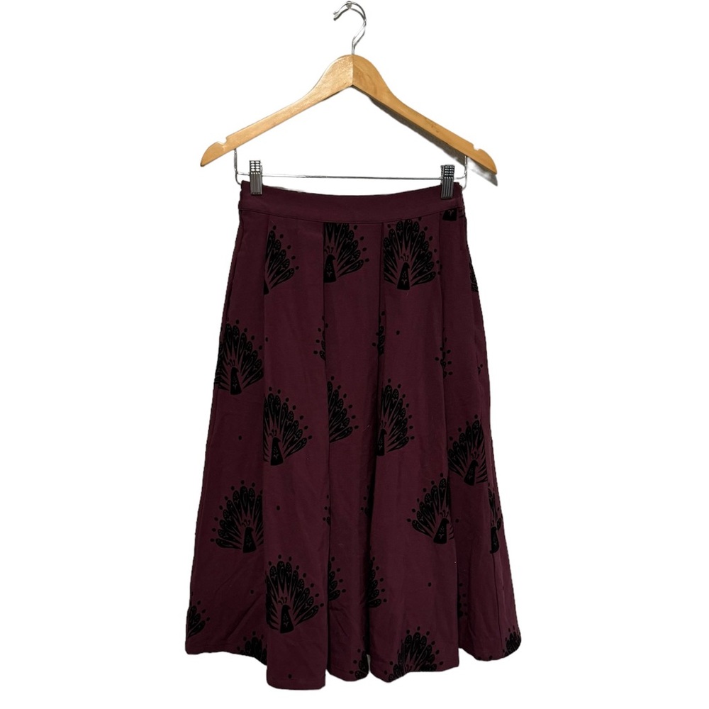 ModCloth Classic Majestic Midi Skirt Burgundy Black Velvet Peacocks